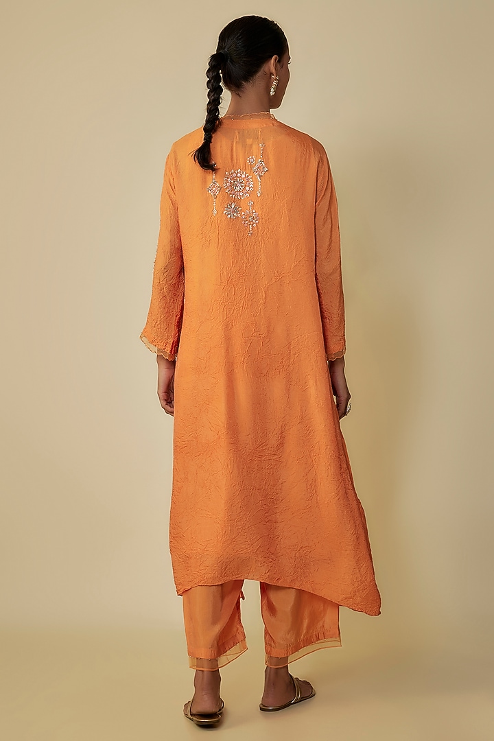 Apricot Orange Crushed Silk Hand Embroidered Kurta Set by One not two at Pernia's Pop Up Shop