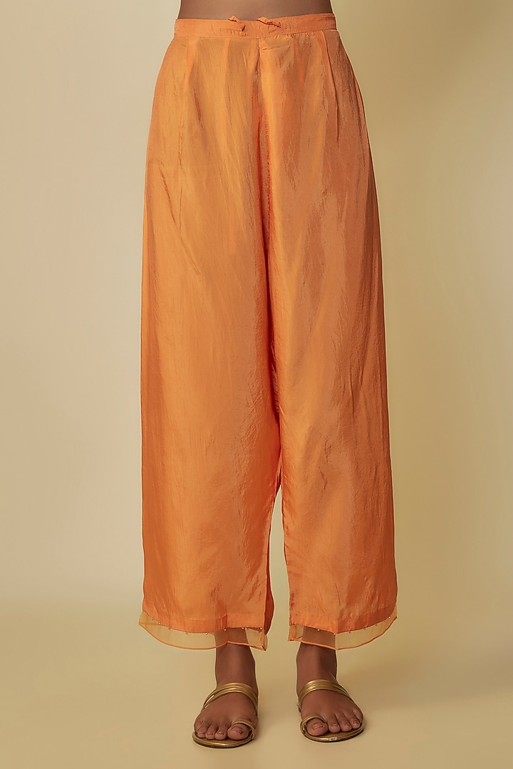 Apricot Orange Crushed Silk Hand Embroidered Kurta Set by One not two at Pernia's Pop Up Shop