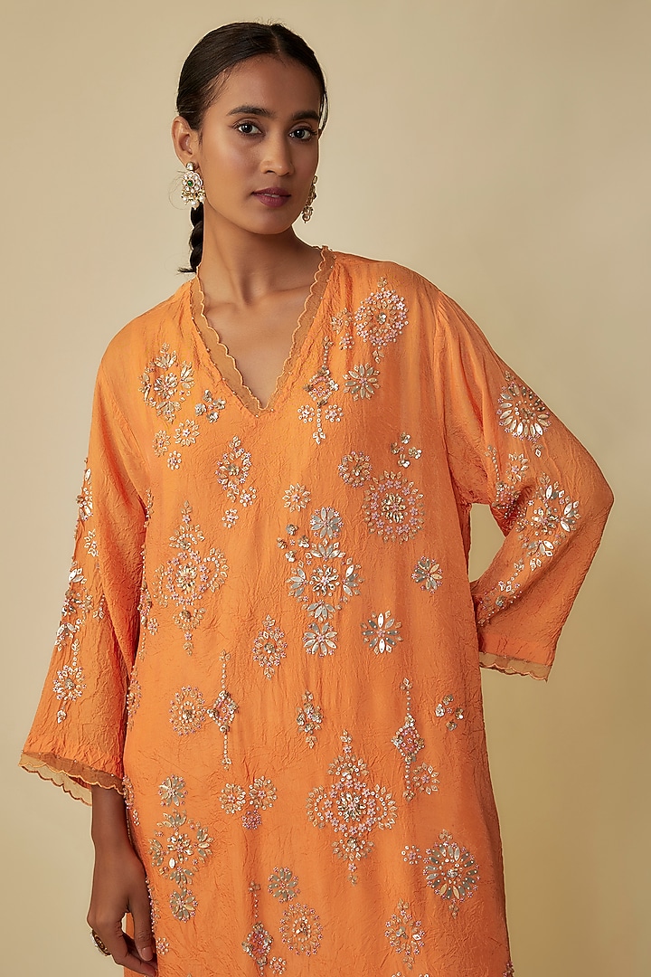 Apricot Orange Crushed Silk Hand Embroidered Kurta Set by One not two at Pernia's Pop Up Shop