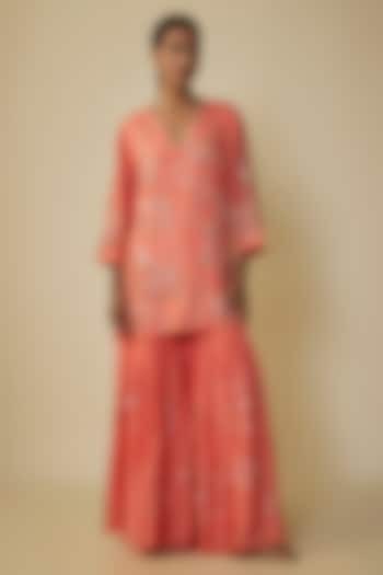 Coral Viscose Silk Hand Embroidered Gharara Set by One not two at Pernia's Pop Up Shop