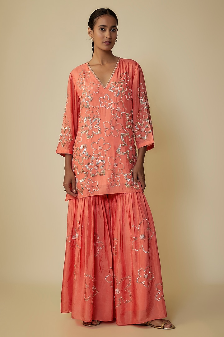 Coral Viscose Silk Hand Embroidered Gharara Set by One not two at Pernia's Pop Up Shop