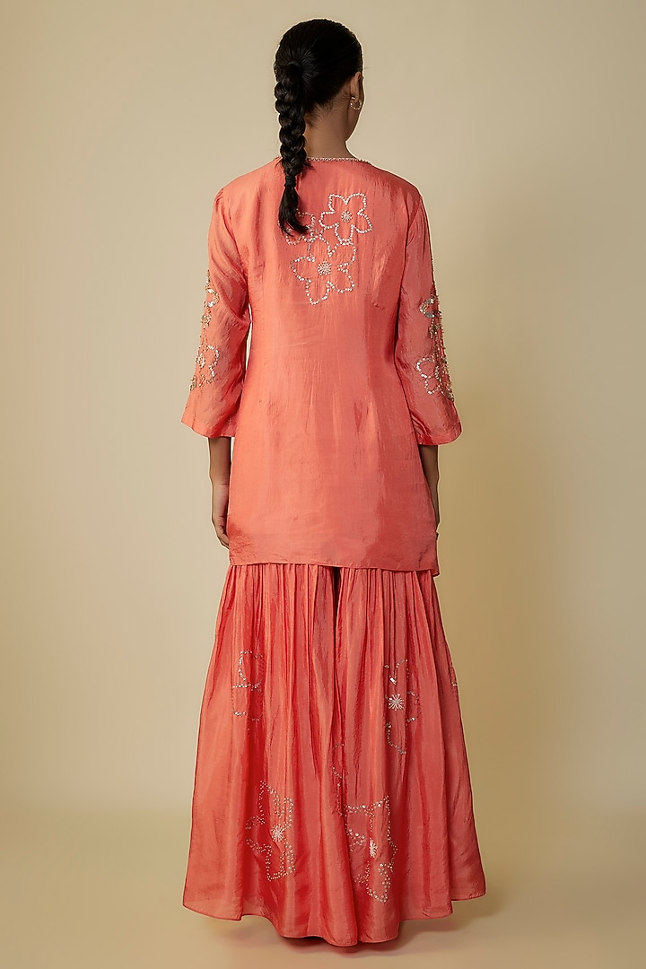 Coral Viscose Silk Hand Embroidered Gharara Set by One not two at Pernia's Pop Up Shop