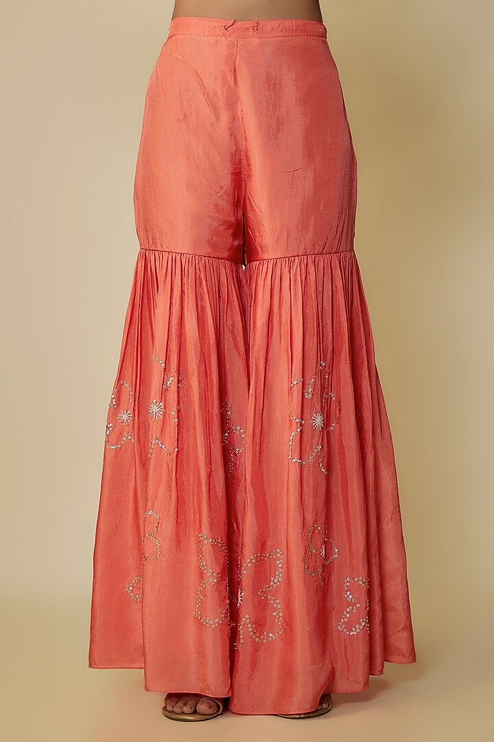Coral Viscose Silk Hand Embroidered Gharara Set by One not two at Pernia's Pop Up Shop