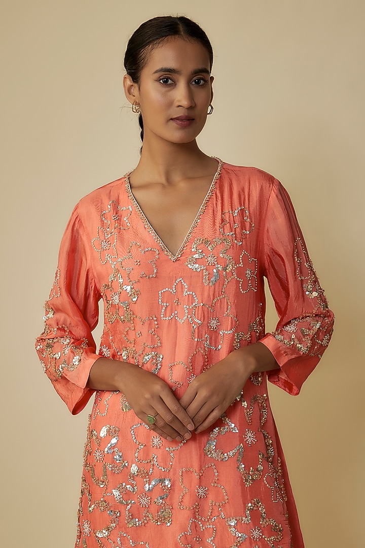 Coral Viscose Silk Hand Embroidered Gharara Set by One not two at Pernia's Pop Up Shop
