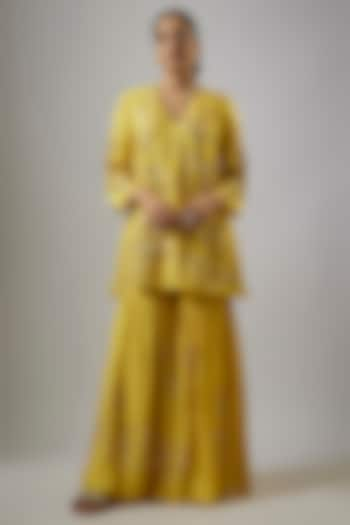 Mango Yellow Viscose Silk Hand Embroidered Gharara Set by One not two at Pernia's Pop Up Shop