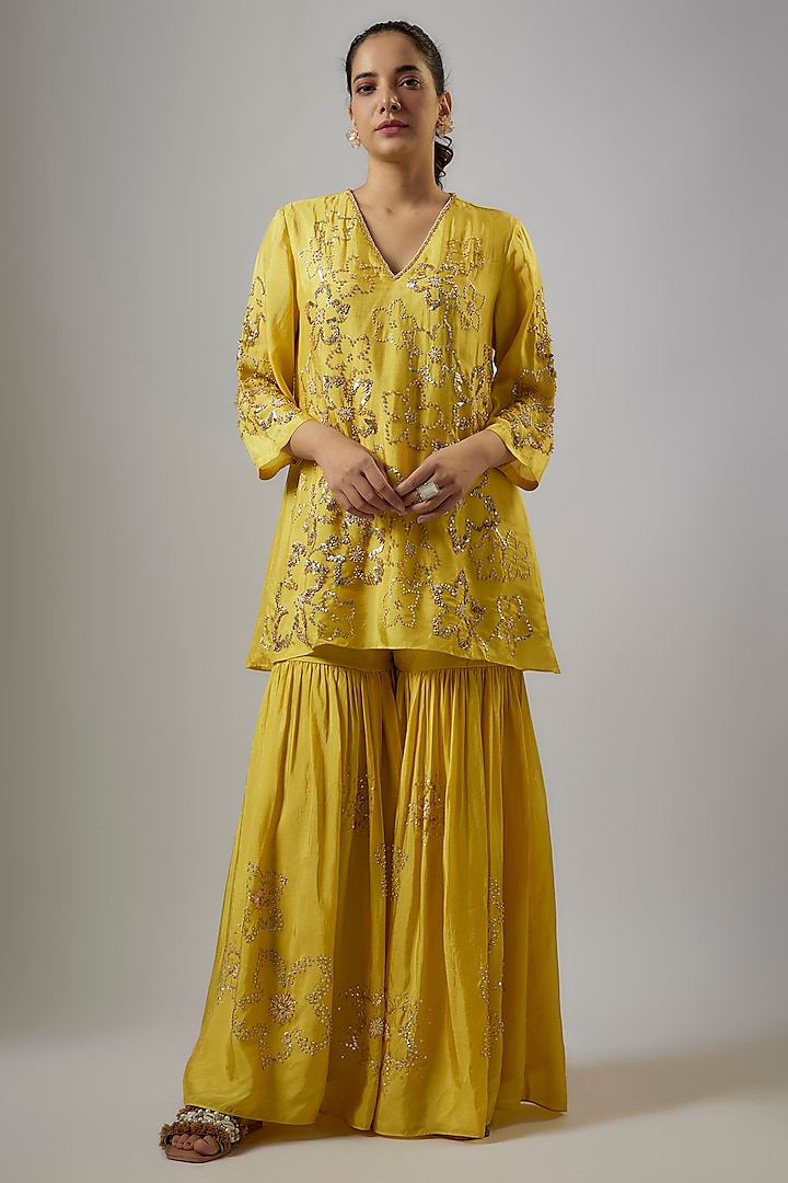 Mango Yellow Viscose Silk Hand Embroidered Gharara Set by One not two at Pernia's Pop Up Shop