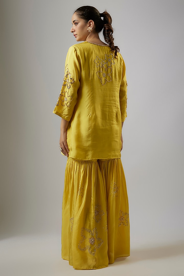 Mango Yellow Viscose Silk Hand Embroidered Gharara Set by One not two at Pernia's Pop Up Shop