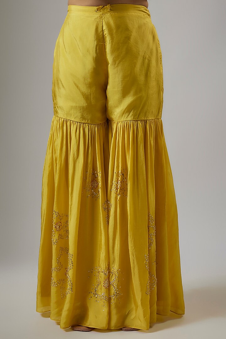Mango Yellow Viscose Silk Hand Embroidered Gharara Set by One not two at Pernia's Pop Up Shop