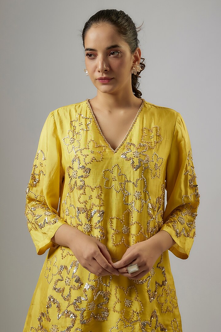 Mango Yellow Viscose Silk Hand Embroidered Gharara Set by One not two at Pernia's Pop Up Shop