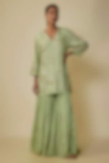 Mist Green Viscose Silk Hand Embroidered Gharara Set by One not two at Pernia's Pop Up Shop