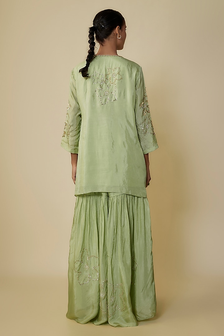 Mist Green Viscose Silk Hand Embroidered Gharara Set by One not two at Pernia's Pop Up Shop