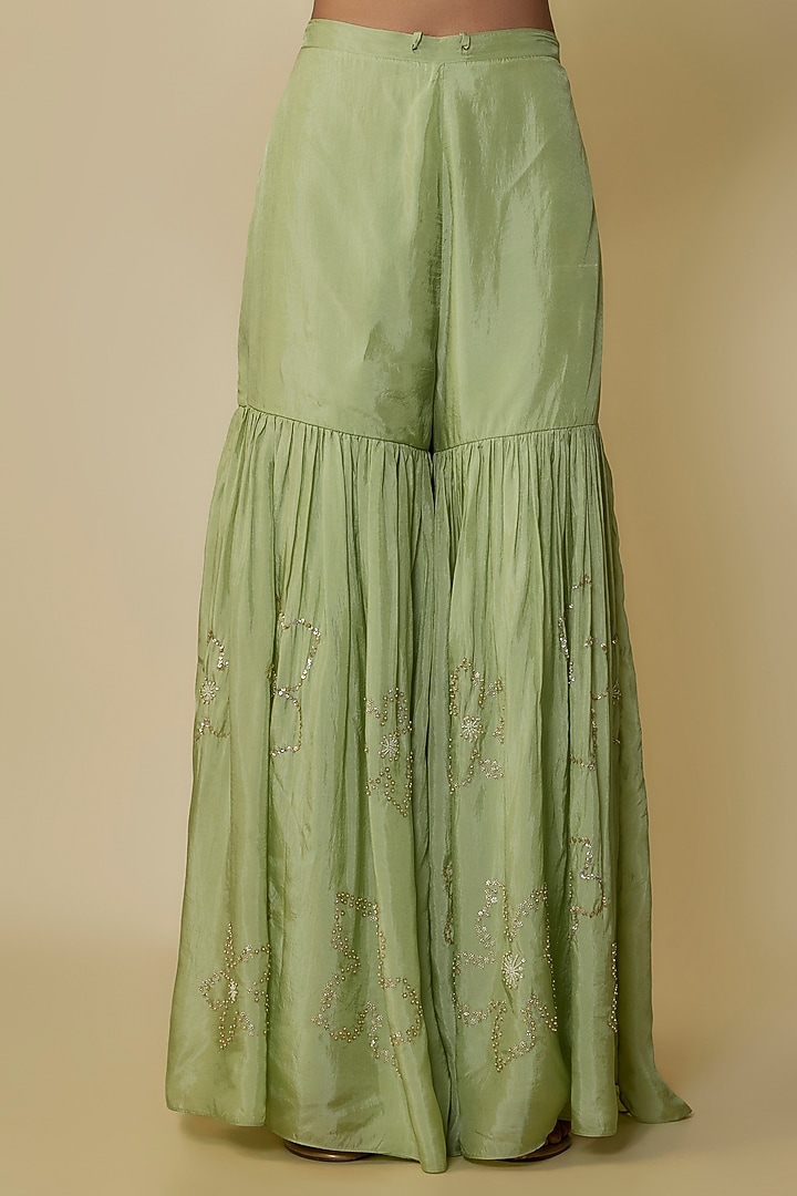 Mist Green Viscose Silk Hand Embroidered Gharara Set by One not two at Pernia's Pop Up Shop
