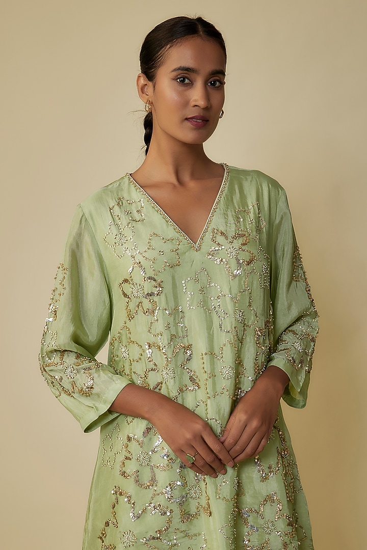 Mist Green Viscose Silk Hand Embroidered Gharara Set by One not two at Pernia's Pop Up Shop