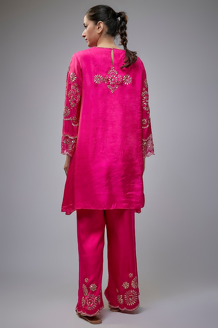 Hot Pink Viscose Silk Hand Embroidered Co-Ord Set by One not two at Pernia's Pop Up Shop