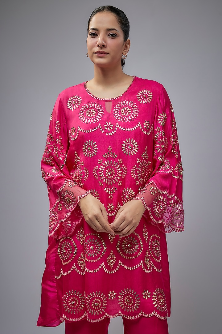 Hot Pink Viscose Silk Hand Embroidered Co-Ord Set by One not two at Pernia's Pop Up Shop