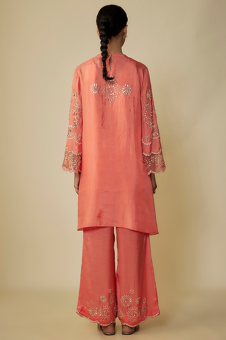 Coral Viscose Silk Hand Embroidered Kurta Set by One not two at Pernia's Pop Up Shop