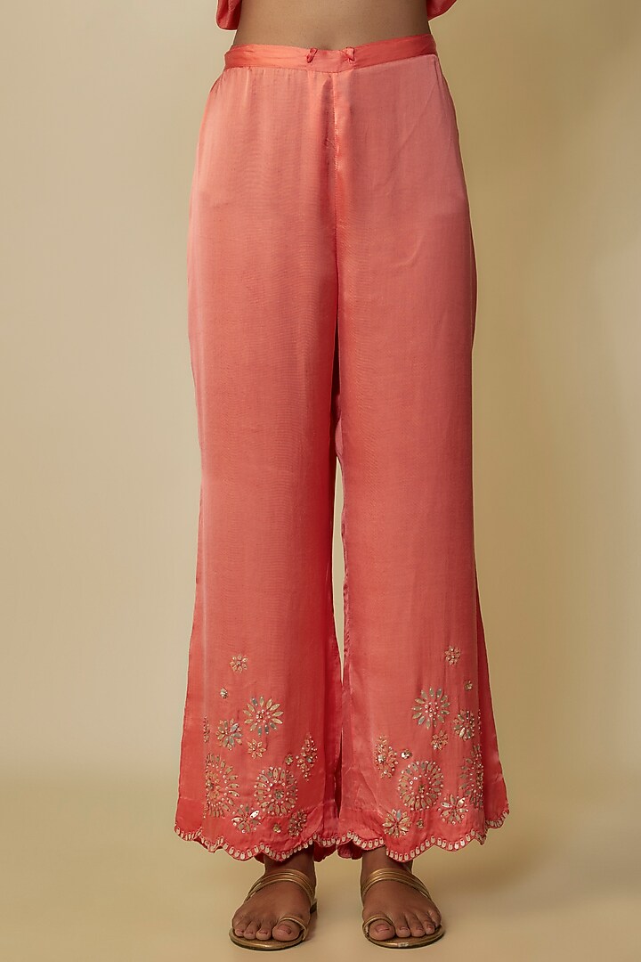 Coral Viscose Silk Hand Embroidered Kurta Set by One not two at Pernia's Pop Up Shop