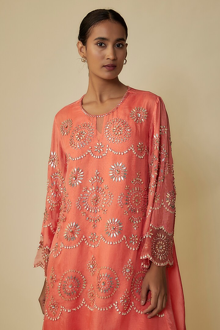Coral Viscose Silk Hand Embroidered Kurta Set by One not two at Pernia's Pop Up Shop
