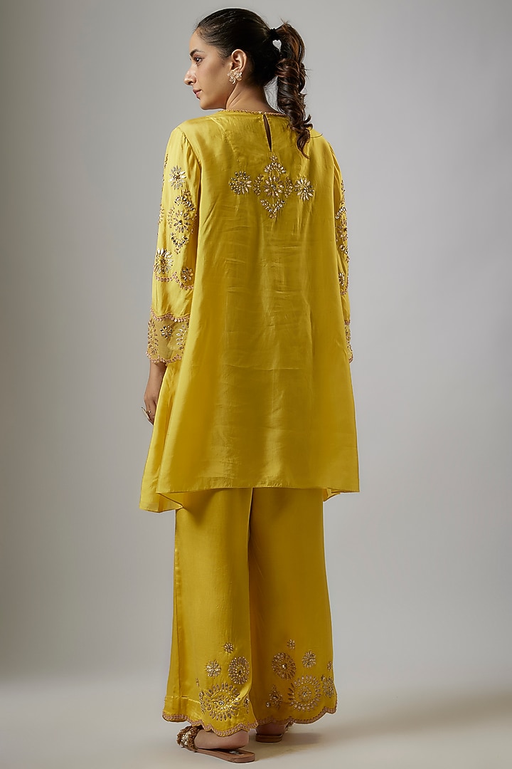 Mango Yellow Viscose Silk Hand Embroidered Kurta Set by One not two at Pernia's Pop Up Shop