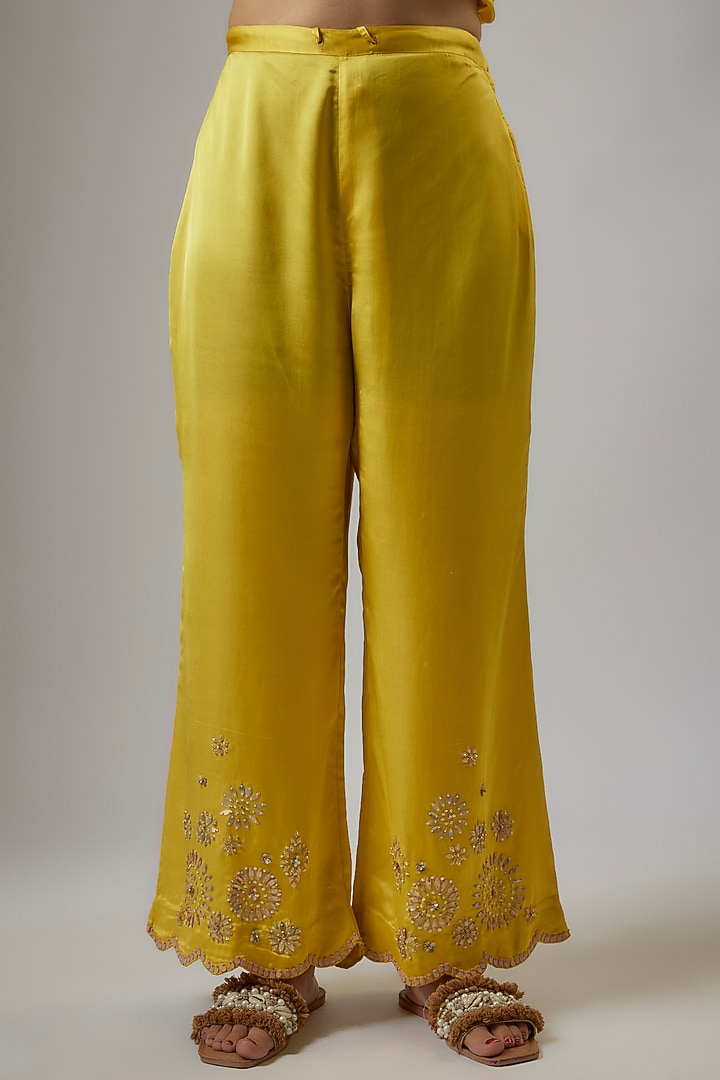 Mango Yellow Viscose Silk Hand Embroidered Kurta Set by One not two at Pernia's Pop Up Shop