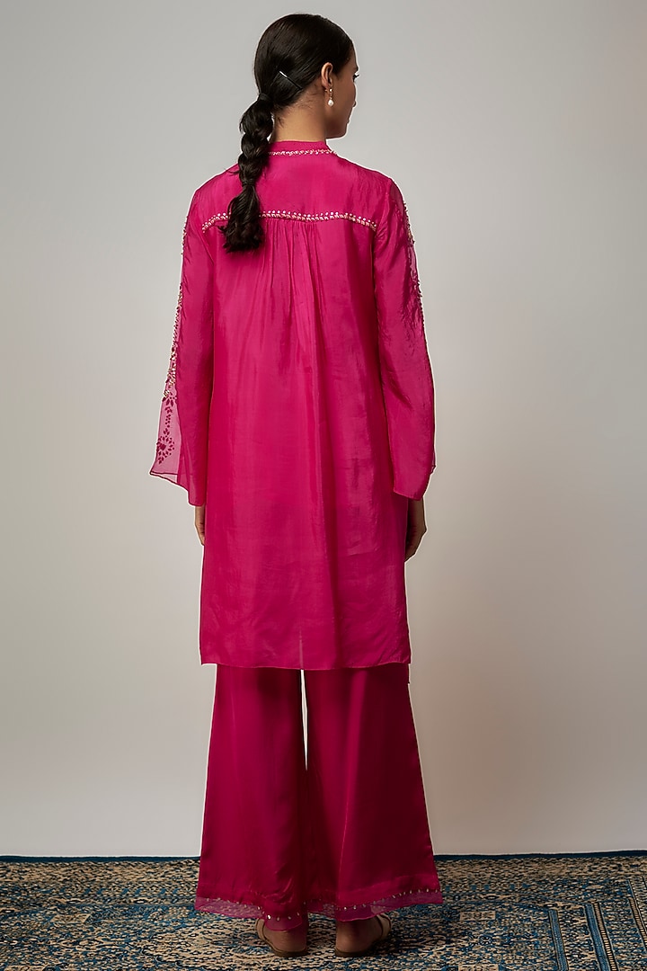 Hot Pink Viscose Silk Hand Embroidered Kurta Set by One not two at Pernia's Pop Up Shop