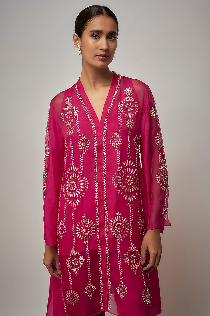 Hot Pink Viscose Silk Hand Embroidered Kurta Set by One not two at Pernia's Pop Up Shop