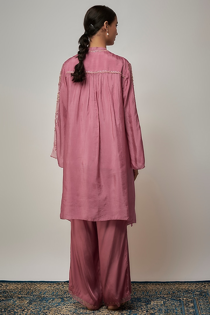 Rose Pink Viscose Silk Hand Embroidered Kurta Set by One not two at Pernia's Pop Up Shop