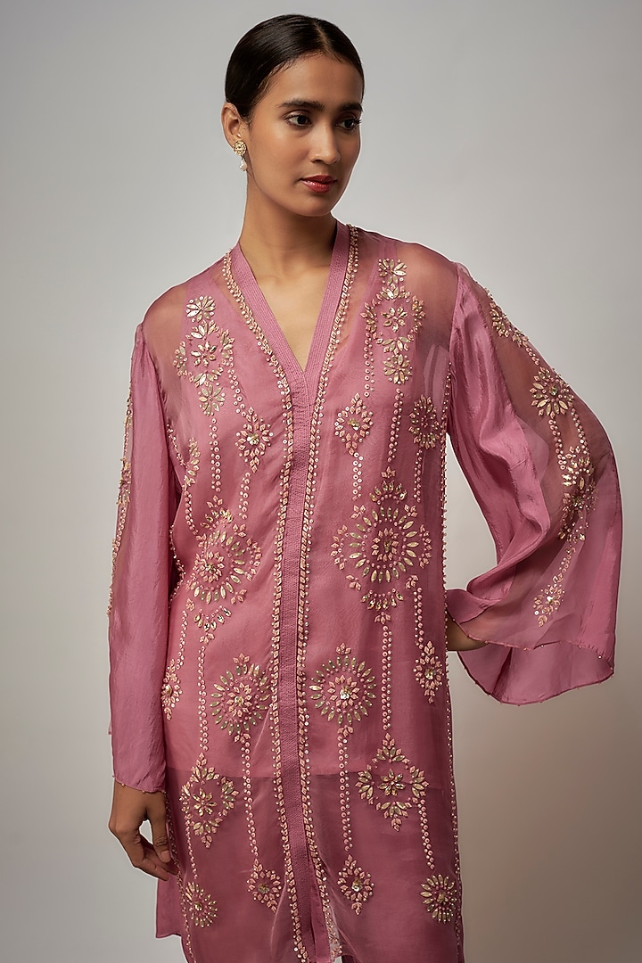 Rose Pink Viscose Silk Hand Embroidered Kurta Set by One not two at Pernia's Pop Up Shop