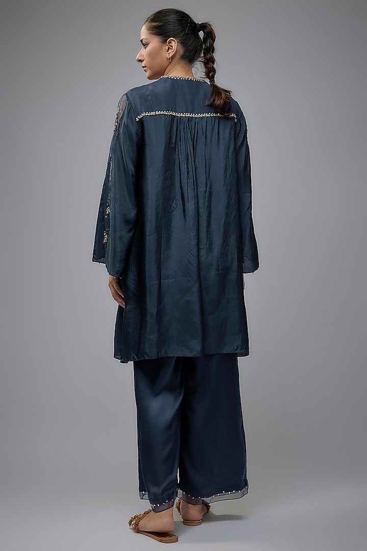 Navy Blue Viscose Silk Hand Embroidered Kurta Set by One not two at Pernia's Pop Up Shop
