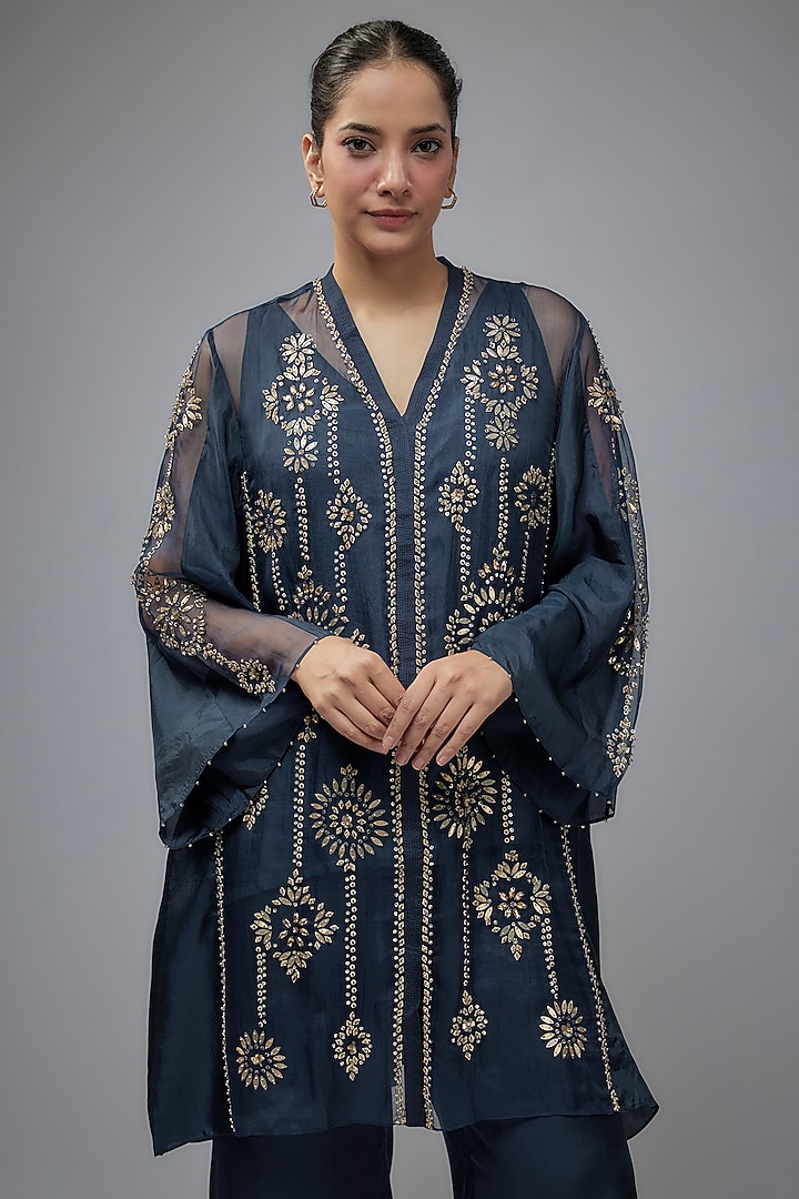 Navy Blue Viscose Silk Hand Embroidered Kurta Set by One not two at Pernia's Pop Up Shop