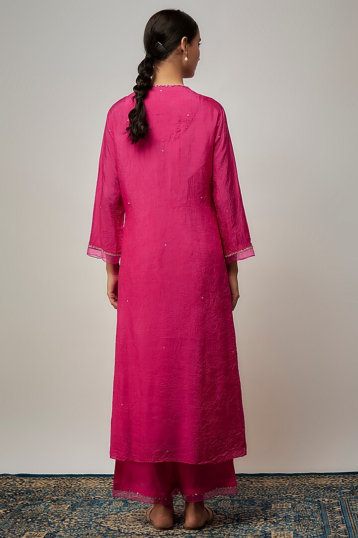 Hot Pink Crushed Silk Sequin Hand Embroidered A-Line Kurta Set by One not two at Pernia's Pop Up Shop