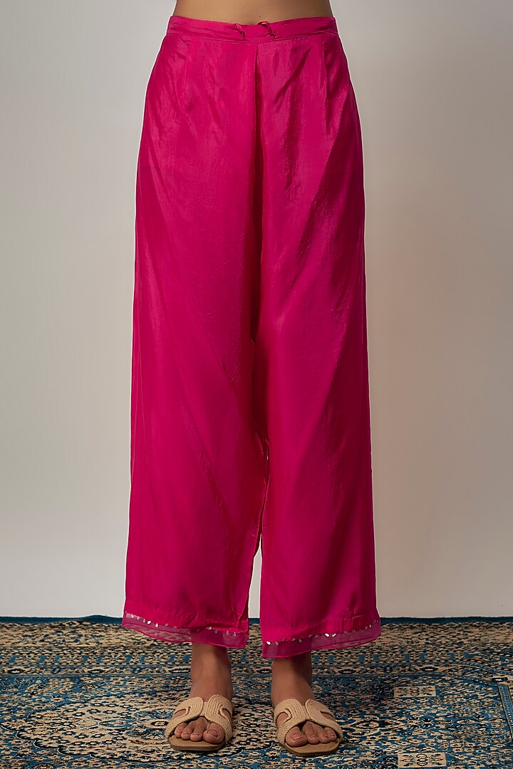 Hot Pink Crushed Silk Sequin Hand Embroidered A-Line Kurta Set by One not two at Pernia's Pop Up Shop