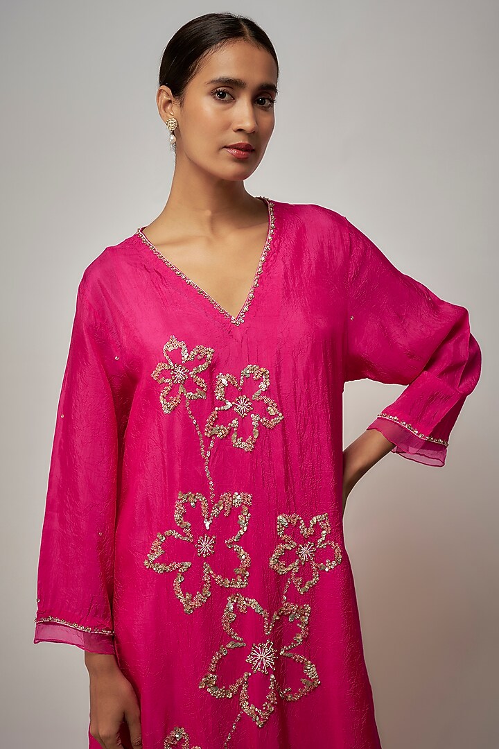 Hot Pink Crushed Silk Sequin Hand Embroidered A-Line Kurta Set by One not two at Pernia's Pop Up Shop