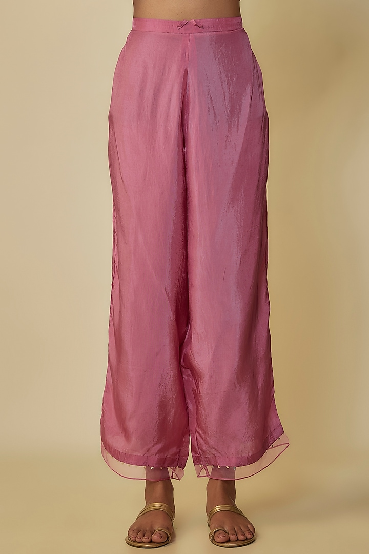 Rose Pink Crushed Silk Hand Embroidered A-Line Kurta Set by One not two at Pernia's Pop Up Shop