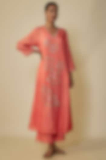 Coral Crushed Silk Hand Embroidered A-Line Kurta Set by One not two at Pernia's Pop Up Shop