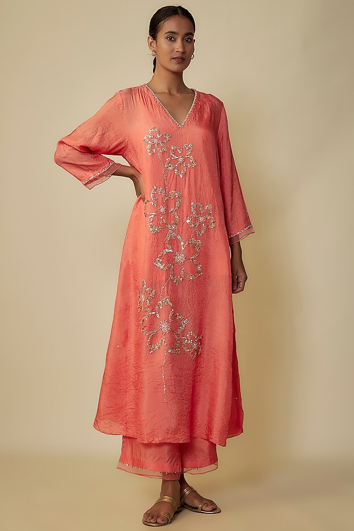 Coral Crushed Silk Hand Embroidered A-Line Kurta Set by One not two at Pernia's Pop Up Shop