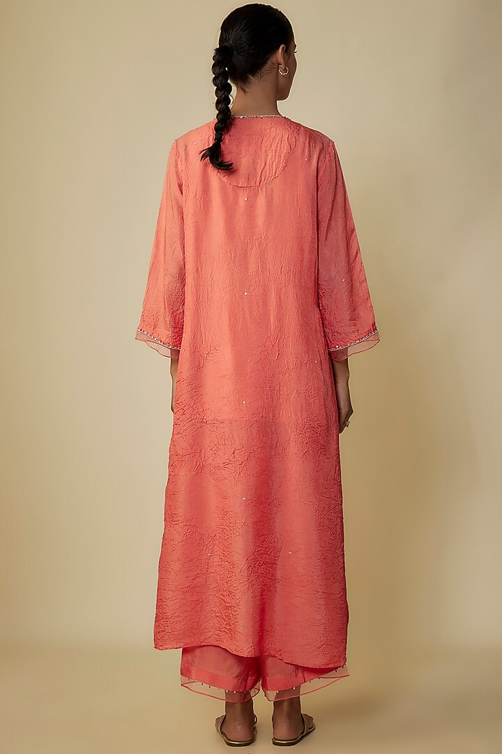 Coral Crushed Silk Hand Embroidered A-Line Kurta Set by One not two at Pernia's Pop Up Shop