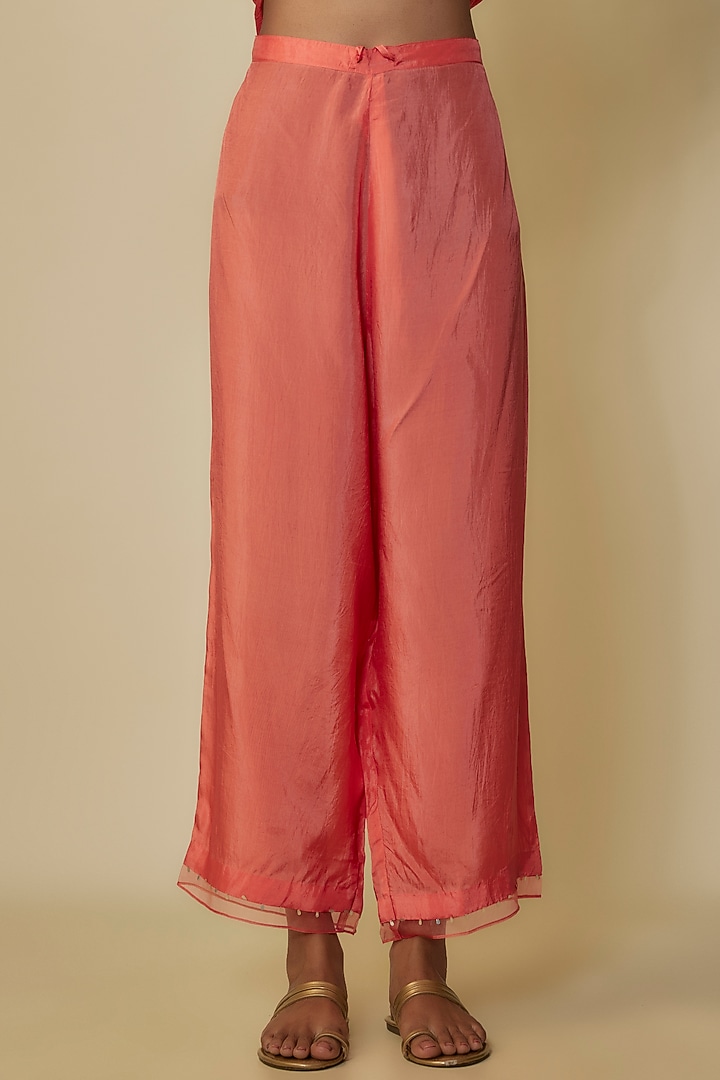 Coral Crushed Silk Hand Embroidered A-Line Kurta Set by One not two at Pernia's Pop Up Shop