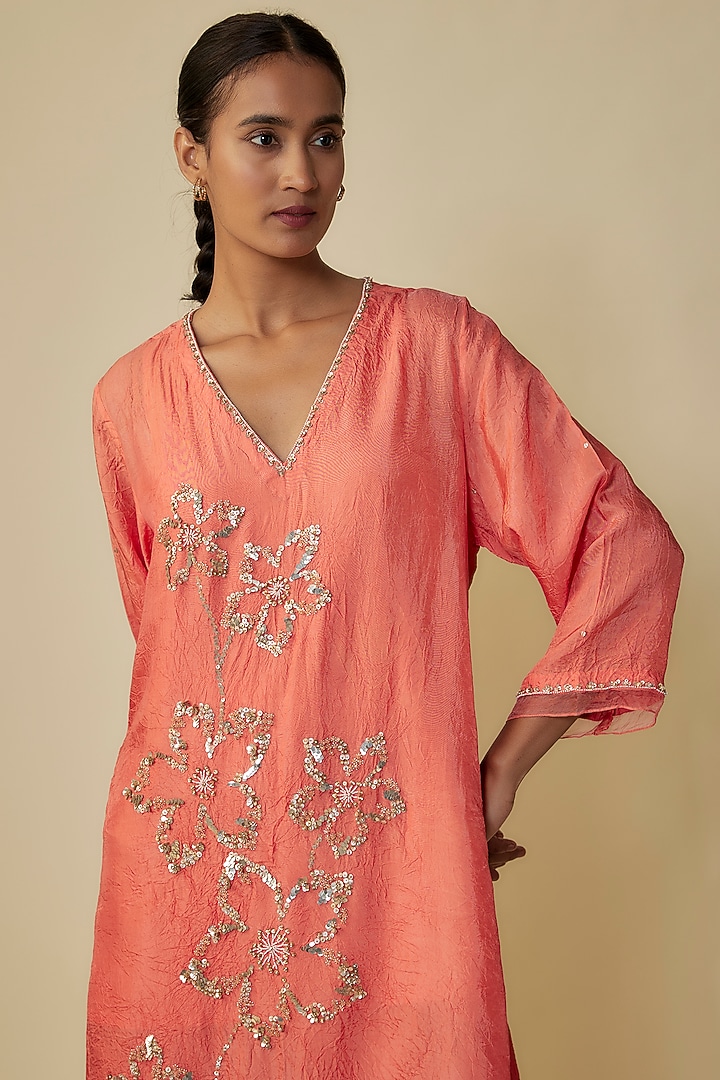 Coral Crushed Silk Hand Embroidered A-Line Kurta Set by One not two at Pernia's Pop Up Shop