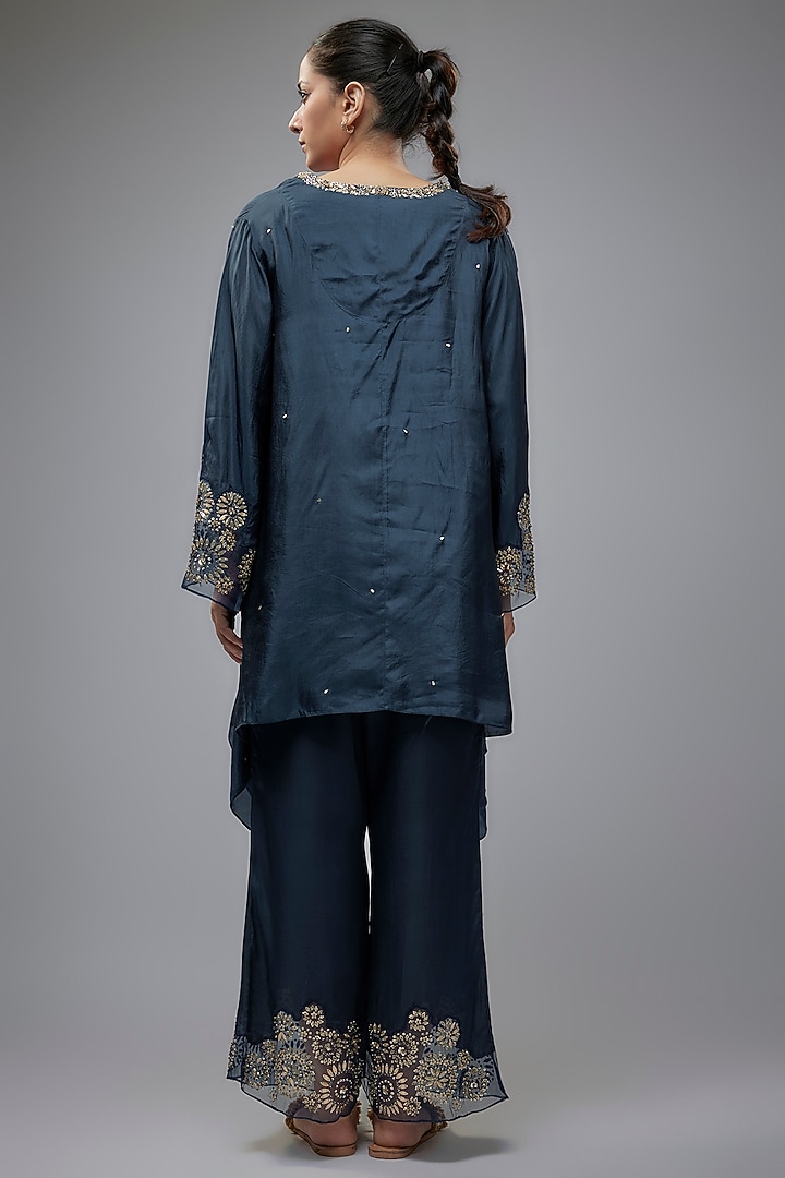 Navy Blue Viscose Silk Hand Embroidered Co-Ord Set by One not two at Pernia's Pop Up Shop