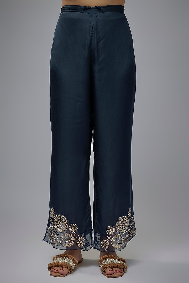 Navy Blue Viscose Silk Hand Embroidered Co-Ord Set by One not two at Pernia's Pop Up Shop