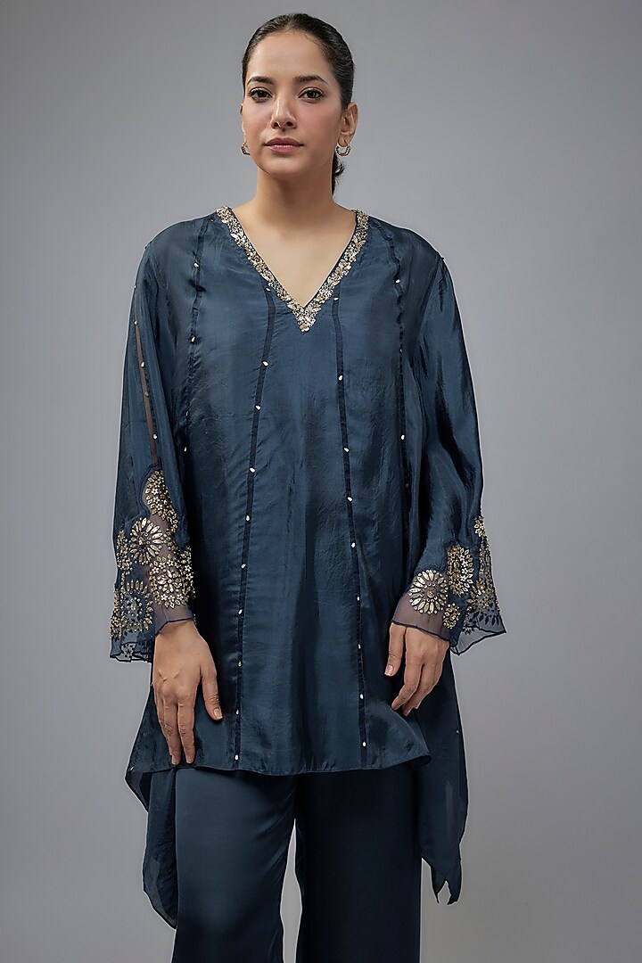 Navy Blue Viscose Silk Hand Embroidered Co-Ord Set by One not two at Pernia's Pop Up Shop