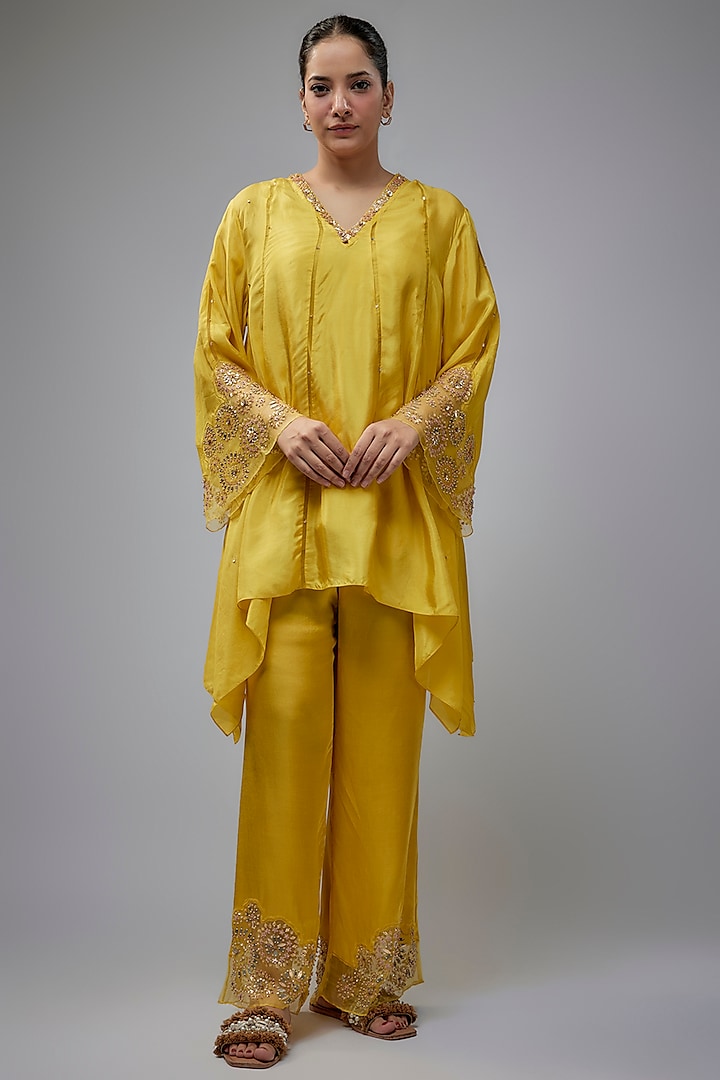 Mango-Colored Viscose Silk Hand Embroidered Co-Ord Set by One not two at Pernia's Pop Up Shop