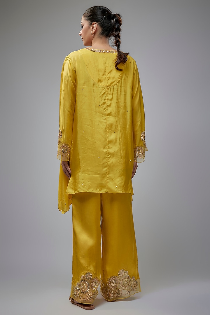 Mango-Colored Viscose Silk Hand Embroidered Co-Ord Set by One not two at Pernia's Pop Up Shop