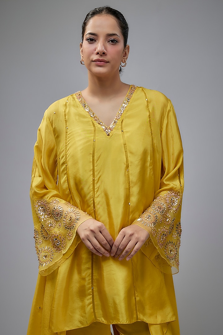 Mango-Colored Viscose Silk Hand Embroidered Co-Ord Set by One not two at Pernia's Pop Up Shop