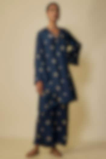 Navy Blue Viscose Silk Hand Embroidered Kurta Set by One not two at Pernia's Pop Up Shop