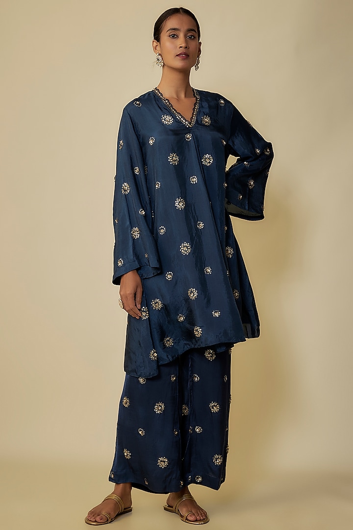 Navy Blue Viscose Silk Hand Embroidered Kurta Set by One not two at Pernia's Pop Up Shop