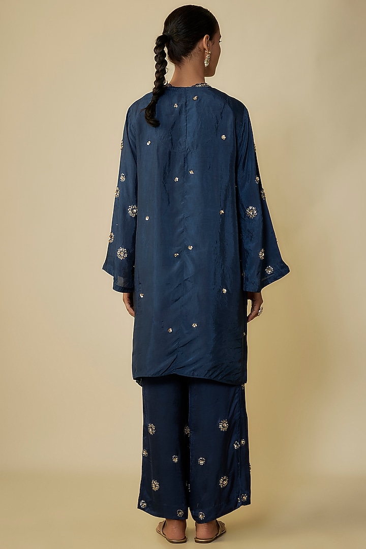 Navy Blue Viscose Silk Hand Embroidered Kurta Set by One not two at Pernia's Pop Up Shop