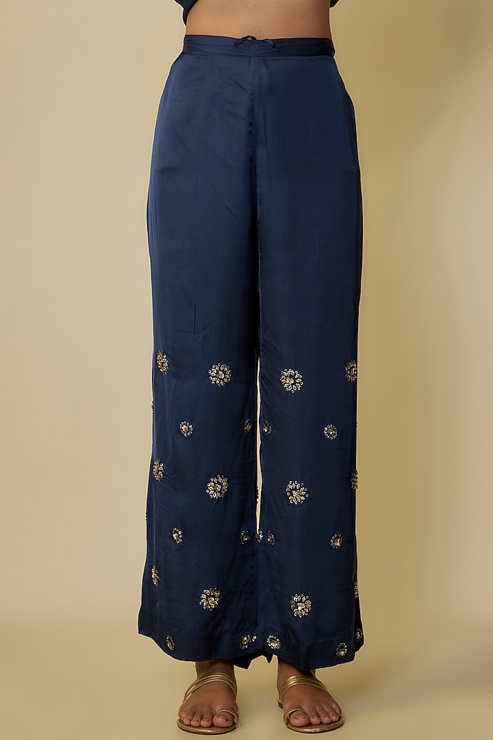 Navy Blue Viscose Silk Hand Embroidered Kurta Set by One not two at Pernia's Pop Up Shop
