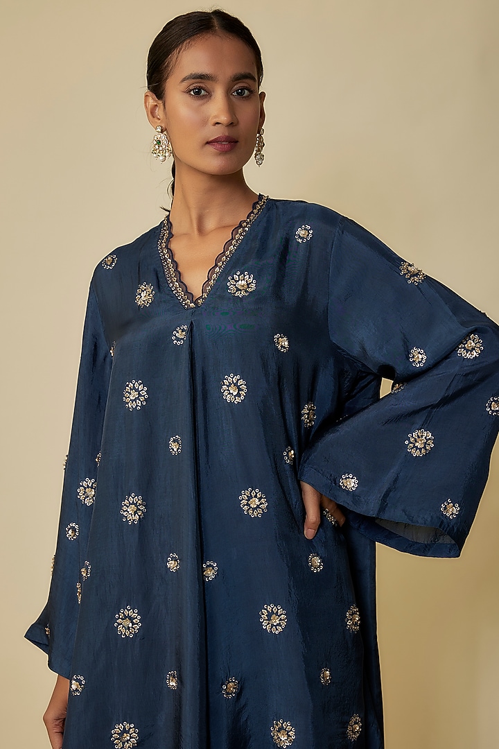 Navy Blue Viscose Silk Hand Embroidered Kurta Set by One not two at Pernia's Pop Up Shop
